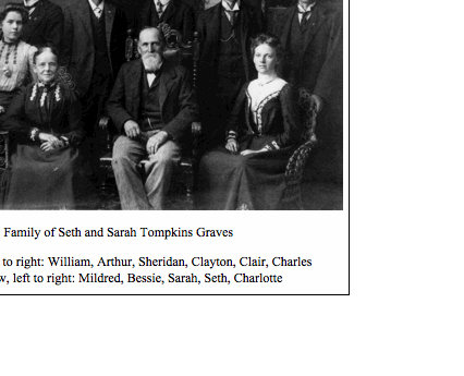 Text Box:  

Family of Seth and Sarah Tompkins Graves

Back row, left to right: William, Arthur, Sheridan, Clayton, Clair, Charles
Front row, left to right: Mildred, Bessie, Sarah, Seth, Charlotte
